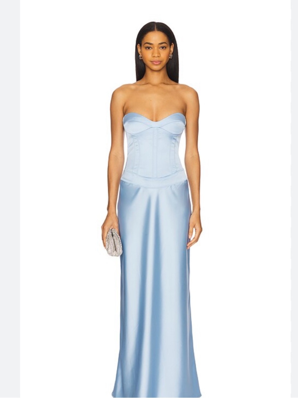 Anna October Powder Blue Strapless Satin Corset Maxi Dress